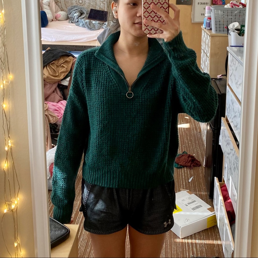 Emerald green quarter zip sweater, o ring detail